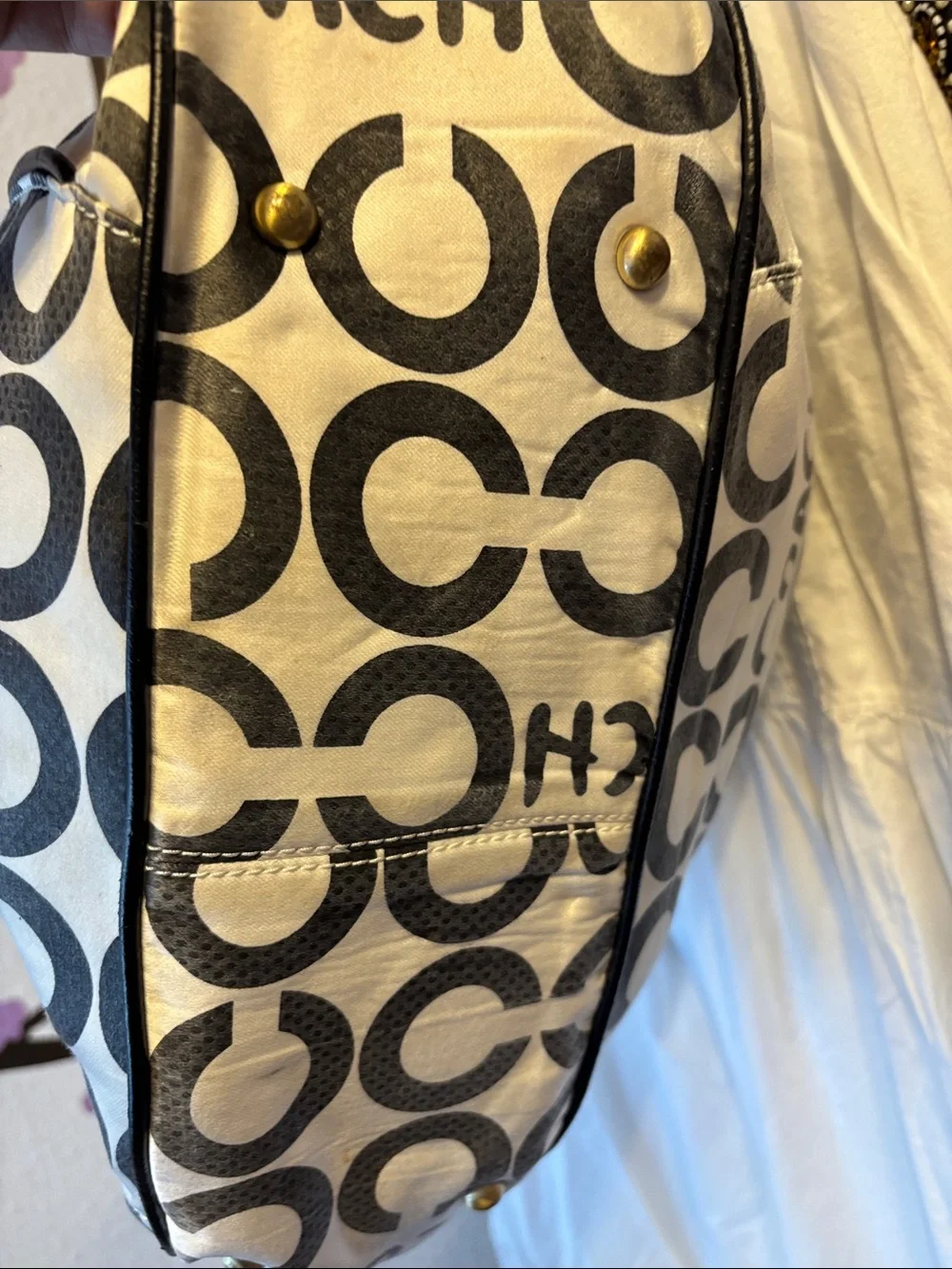 Vintage Coach White & Black Signature Canvas Hobo with monogramed lining